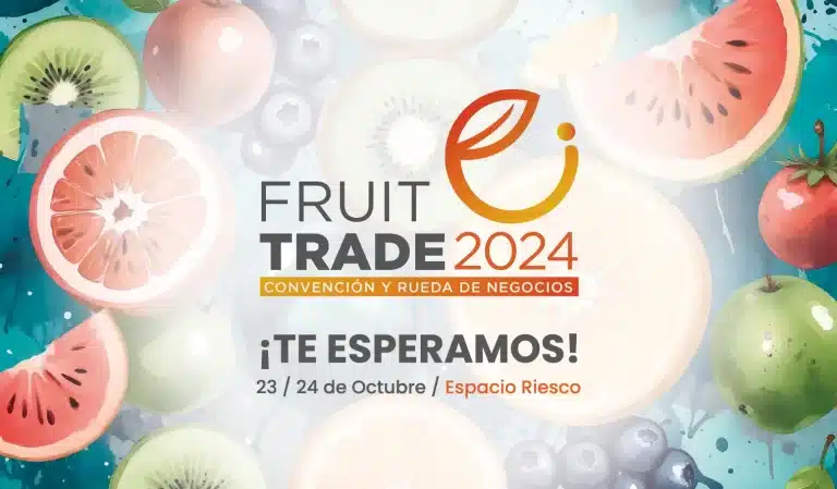 Cartel de Fruittrade 2024 destacando la convención frutícola en Espacio Riesco.